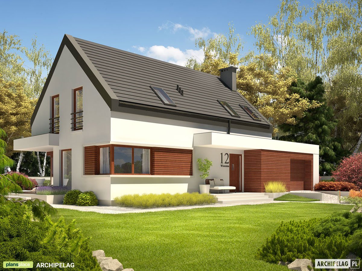 Mājas projekts ar mansardu 178 m²: 3 Guļamistabas, Darba istaba, 2 Vannasistabas, Atvērta virtuve, Garāža