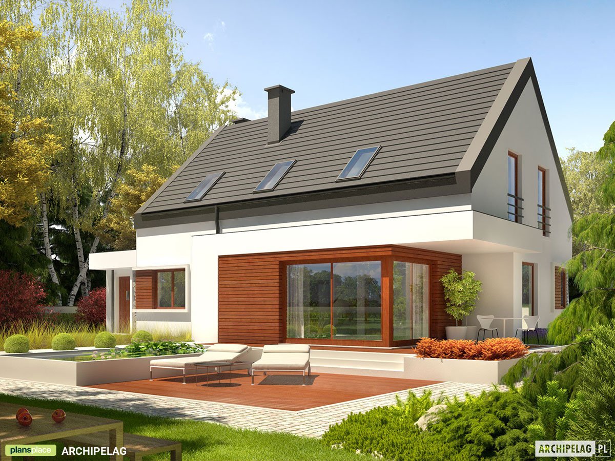 Mājas projekts ar mansardu 178 m²: 3 Guļamistabas, Darba istaba, 2 Vannasistabas, Atvērta virtuve, Garāža