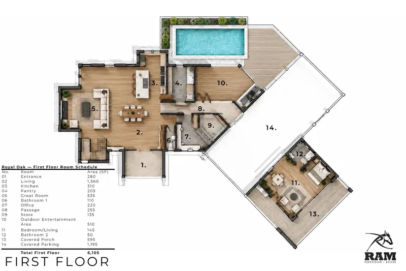 1. stāvs 14 – Mājas projekts ar mansardu 647 m², 5 Guļamistabas — 80207R
